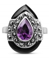 A stunning statement maker. This large, pear-shaped ring is adorned with an amethyst cubic zirconia center (3/4 ct. t.w.) and surrounded by black onyx (3-1/4 ct. t.w.) and glittering marcasite (1/4 ct. t.w.). Set in sterling silver. Size 7.