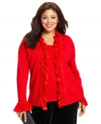 Enjoy the holiday season in style with Elementz' long sleeve plus size cardigan, accented by velvet ruffles!