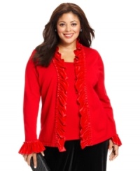 Enjoy the holiday season in style with Elementz' long sleeve plus size cardigan, accented by velvet ruffles! Enjoy the holiday season in style with Elementz' long sleeve plus size cardigan, accented by velvet ruffles!