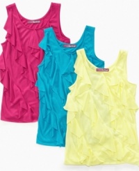 Put some frilly fun into her summer wardrobe with the cascading layers of ruffles on this tank from Epic Threads. Put some frilly fun into her summer wardrobe with the cascading layers of ruffles on this tank from Epic Threads.