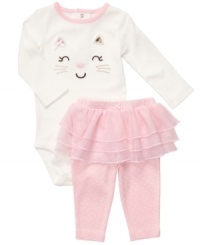Put on a happy face. She'll sport a smile all day in this cute, kitty-themed bodysuit and legging set from Carter's. Put on a happy face. She'll sport a smile all day in this cute, kitty-themed bodysuit and legging set from Carter's.