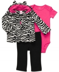 She'll be one exotic creature in this fun bodysuit, hoodie and pant outfit from Carter's. She'll be one exotic creature in this fun bodysuit, hoodie and pant outfit from Carter's.