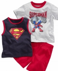 While he's completing feats of strength on the playground and in the classroom, he can look his coolest with Superman in this t-shirt, tank and shorts set. While he's completing feats of strength on the playground and in the classroom, he can look his coolest with Superman in this t-shirt, tank and shorts set.