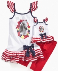Ready to ride. She and her little friend can sport their favorite animal in this striped ruffle dress and leggings from Sweet Heart Rose. Ready to ride. She and her little friend can sport their favorite animal in this striped ruffle dress and leggings from Sweet Heart Rose.
