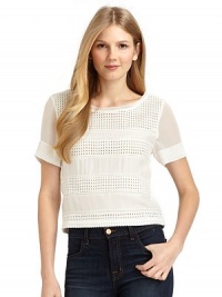 THE LOOKEmbroidered eyelet stripe designSheer chiffon short sleeves with pleated detailHook-and-eye closure, backTHE FITAbout 18 from shoulder to hemTHE MATERIALBody: cottonSecond fabric: silkCARE & ORIGINDry cleanImportedModel shown is 5'9 (175cm) wearing US size Small. THE LOOKEmbroidered eyelet stripe designSheer chiffon short sleeves with pleated detailHook-and-eye closure, backTHE FITAbout 18 from shoulder to hemTHE MATERIALBody: cottonSecond fabric: silkCARE & ORIGINDry cleanImportedModel shown is 5'9 (175cm) wearing US size Small.