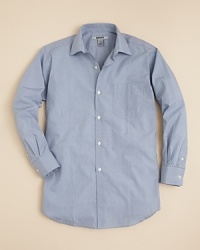 DKNY's mini-check button down shirt updates his dressy wardrobe with a versatile piece that adapts to his personal look. DKNY's mini-check button down shirt updates his dressy wardrobe with a versatile piece that adapts to his personal look.