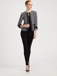 This chic design is banded with sporty stripes and trimmed in eyelash fringe.Jewel necklineThree-quarter sleevesFront zipWelt pocketsFrayed trimFully linedBack zipAbout 21 from shoulder to hem49% cotton/26% polyester/13% rayon/8% nylon/4% cuproDry cleanImportedModel shown is 5'11 (180cm) wearing US size Small. This chic design is banded with sporty stripes and trimmed in eyelash fringe.Jewel necklineThree-quarter sleevesFront zipWelt pocketsFrayed trimFully linedBack zipAbout 21 from shoulder to hem49% cotton/26% polyester/13% rayon/8% nylon/4% cuproDry cleanImportedModel shown is 5'11 (180cm) wearing US size Small.