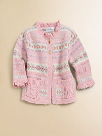 A colorful Fair Isle design and ruffled trim give a festive look to a cozy cotton cardigan.Pointelle-knit crewneckLong sleeves with pointelle rufflesButton-frontCable-knit patch pocketsCottonMachine washImported Please note: Number of buttons may vary depending on size ordered. A colorful Fair Isle design and ruffled trim give a festive look to a cozy cotton cardigan.Pointelle-knit crewneckLong sleeves with pointelle rufflesButton-frontCable-knit patch pocketsCottonMachine washImported Please note: Number of buttons may vary depending on size ordered.