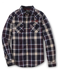 A haute-grunge plaid print and rolled sleeve styling amps up the cool factor of this GUESS Kids button-up. A haute-grunge plaid print and rolled sleeve styling amps up the cool factor of this GUESS Kids button-up.