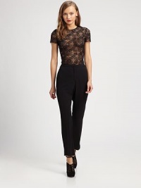 Airy crocheted lace, tailored in a tee silhouette and offset by a goldtone back zipper.Silk-trimmed jewel necklineShort sleevesPrincess seamsBack zip with silk ribbon pullAbout 21 from shoulder to hem80% wool/20% polyamideDry cleanMade in FranceModel shown is 5'8 (176cm) wearing US size 4. Airy crocheted lace, tailored in a tee silhouette and offset by a goldtone back zipper.Silk-trimmed jewel necklineShort sleevesPrincess seamsBack zip with silk ribbon pullAbout 21 from shoulder to hem80% wool/20% polyamideDry cleanMade in FranceModel shown is 5'8 (176cm) wearing US size 4.