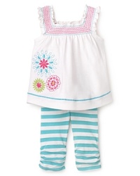 Hartstrings updates a classic country-girl flavor with a lightweight cotton top with bright embroidery and a striped legging, ruched at the cropped hem. Hartstrings updates a classic country-girl flavor with a lightweight cotton top with bright embroidery and a striped legging, ruched at the cropped hem.