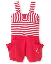 This swimsuit-inspired romper features a faux bandeau top with bold stripes and solid bottoms with side pockets. This swimsuit-inspired romper features a faux bandeau top with bold stripes and solid bottoms with side pockets.