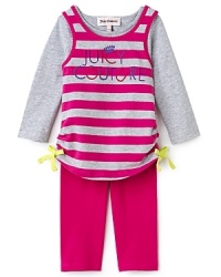 The 2-fer tank top has inset sleeves and ruched hem. Paired with the solid cropped leggings, Juicy Couture's super cute set completes her look in one simple step. The 2-fer tank top has inset sleeves and ruched hem. Paired with the solid cropped leggings, Juicy Couture's super cute set completes her look in one simple step.