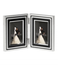 Add new elegance to beautiful memories with Vera Wang's With Love Noir folding picture frame. Geometric detail lends metallic shimmer to chic black enamel in a home accent that invokes modern and deco design. Add new elegance to beautiful memories with Vera Wang's With Love Noir folding picture frame. Geometric detail lends metallic shimmer to chic black enamel in a home accent that invokes modern and deco design.