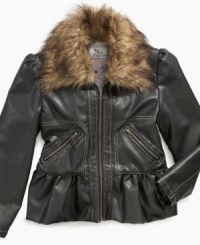 The ultimate in classic style that mixes a timeless look with girly details, this faux-leather jacket from KC Collection complements her sweet looks. The ultimate in classic style that mixes a timeless look with girly details, this faux-leather jacket from KC Collection complements her sweet looks.