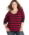 Add stripes to your lineup this season with Eyeshadow's three-quarter-sleeve plus size top, accented by lace detail.