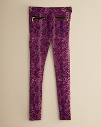 A fashion-forward look for the middle school set, these wildly adorable leggings feature a snakeskin print and double zip front pockets. The elastic waist and a bit of stretch keep them comfortable. A fashion-forward look for the middle school set, these wildly adorable leggings feature a snakeskin print and double zip front pockets. The elastic waist and a bit of stretch keep them comfortable.
