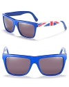 Turn heads in these blue squared wayfarers with union jack print along arms.