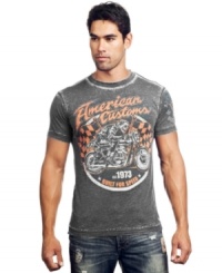 Take it to the races. This graphic tee from Affliction moves your casual wardrobe into the fast lane. Take it to the races. This graphic tee from Affliction moves your casual wardrobe into the fast lane.
