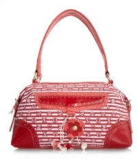Get on board with the nautical trend this season by carrying this adorable striped bag by XOXO. Shiny patent leather trim and a sweet flower detailed charm add the perfect finishing touches to this too-cute design. Get on board with the nautical trend this season by carrying this adorable striped bag by XOXO. Shiny patent leather trim and a sweet flower detailed charm add the perfect finishing touches to this too-cute design.