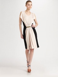 Panels of silky, contrasting jersey and a bold brass bar detail add structure to this soft knit silhouette.ScoopneckSplit cap sleevesGathered frontBrass detail at waistAbout 21 from natural waist89% viscose/11% silkDry cleanMade in ItalyModel shown is 5'10½(179cm) wearing US size 4. Panels of silky, contrasting jersey and a bold brass bar detail add structure to this soft knit silhouette.ScoopneckSplit cap sleevesGathered frontBrass detail at waistAbout 21 from natural waist89% viscose/11% silkDry cleanMade in ItalyModel shown is 5'10½(179cm) wearing US size 4.