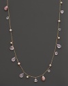 Faceted teardrops of rose quartz and pink shell mingle with freshwater pearls on this long, elegant 14K yellow gold chain.