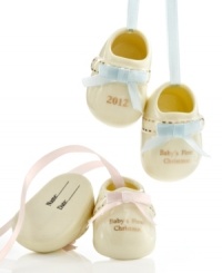 A first step to making your child's first Christmas unforgettable, these baby bootie ornaments are something to treasure in ivory porcelain with fired gold. Record his or her name and the date on its soles. A first step to making your child's first Christmas unforgettable, these baby bootie ornaments are something to treasure in ivory porcelain with fired gold. Record his or her name and the date on its soles.