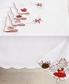 All the trimmings. Prepare for a jolly-good time with the Holiday Ornaments tablecloth, featuring a simple white cloth festooned with holly embroidery, colorful ornaments and a scalloped edge.