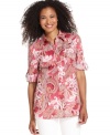 A classic paisley print brings Karen Scott's shirt to life. Pair it with white jeans for summer and khakis for fall!