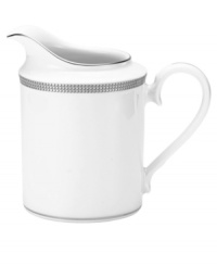 Go platinum. Solid bands and three tiers of sparkling squares in white porcelain give the Pembroke Platinum creamer a look that's festive yet refined. A brilliant addition to a contemporary dinnerware collection by Noritake. Go platinum. Solid bands and three tiers of sparkling squares in white porcelain give the Pembroke Platinum creamer a look that's festive yet refined. A brilliant addition to a contemporary dinnerware collection by Noritake.