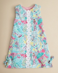 A sleeveless dress in the Lilly Pulitzer classic shift silhouette, adorned with allover beach prints and lace trim. A sleeveless dress in the Lilly Pulitzer classic shift silhouette, adorned with allover beach prints and lace trim.