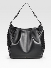 This supple leather style features spike studded accents for an edgy appeal.Shoulder strap, 8½ dropTop zip closureProtective metal feetOne inside zip pocketOne inside open pocketSignature red lining11W X 12H X 7DMade in Italy This supple leather style features spike studded accents for an edgy appeal.Shoulder strap, 8½ dropTop zip closureProtective metal feetOne inside zip pocketOne inside open pocketSignature red lining11W X 12H X 7DMade in Italy