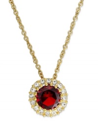 Every day can be a red-letter one with this pendant necklace from Eliot Danori. Crafted from 18k gold-plated brass with a red crystal pendant framed by glistening cubic zirconias (1 ct. t.w.). Approximate length: 16 inches + 2-inch extender. Approximate drop: 1/2 inch. Every day can be a red-letter one with this pendant necklace from Eliot Danori. Crafted from 18k gold-plated brass with a red crystal pendant framed by glistening cubic zirconias (1 ct. t.w.). Approximate length: 16 inches + 2-inch extender. Approximate drop: 1/2 inch.