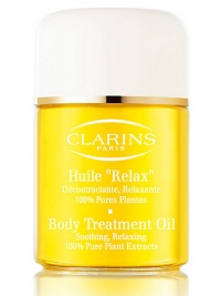 Relax Body Treatment Oil. This aromatic body treatment is ideal for enhancing relaxation and promoting total well-being. Its concentrated formula contains 100% natural extracts and oils to help combat stress and fatigue and relieve tension. Moisturizes skin, leaving it soft and smooth. Imported from France. 3.4 oz. Relax Body Treatment Oil. This aromatic body treatment is ideal for enhancing relaxation and promoting total well-being. Its concentrated formula contains 100% natural extracts and oils to help combat stress and fatigue and relieve tension. Moisturizes skin, leaving it soft and smooth. Imported from France. 3.4 oz.