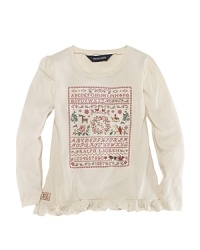 A pretty long-sleeved tee is updated with a festive snowflake print and a ruffled hem. A pretty long-sleeved tee is updated with a festive snowflake print and a ruffled hem.