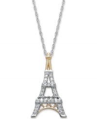 Ooh La La! Every Francophile simply must own this sparkling Eiffel Tower pendant. Crafted in sterling silver with 14k gold accents, this iconic structure receives a dazzling touch with the addition of round-cut diamonds (1/10 ct. t.w.). Approximate length: 18 inches. Approximate drop: 8/10 inch. Ooh La La! Every Francophile simply must own this sparkling Eiffel Tower pendant. Crafted in sterling silver with 14k gold accents, this iconic structure receives a dazzling touch with the addition of round-cut diamonds (1/10 ct. t.w.). Approximate length: 18 inches. Approximate drop: 8/10 inch.