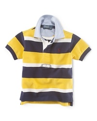 Infused with sporty heritage, a breathable cotton mesh polo takes a page from a classic rugby with a woven collar and hidden placket. Infused with sporty heritage, a breathable cotton mesh polo takes a page from a classic rugby with a woven collar and hidden placket.