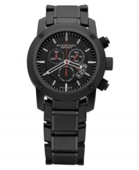 This Burberry watch features a black ion-plated stainless steel bracelet and round case with knurled bezel. Black chronograph dial with knurling features applied silver tone stick indices, date window at four o'clock, three subdials, logo, and red accents. Swiss made. Quartz movement. Water resistant to 100 meters. Two-year limited warranty. This Burberry watch features a black ion-plated stainless steel bracelet and round case with knurled bezel. Black chronograph dial with knurling features applied silver tone stick indices, date window at four o'clock, three subdials, logo, and red accents. Swiss made. Quartz movement. Water resistant to 100 meters. Two-year limited warranty.
