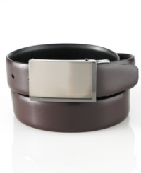 Change up your style with the sleek reversible design of this modern plaque belt in smooth nappa leather from Alfani. Change up your style with the sleek reversible design of this modern plaque belt in smooth nappa leather from Alfani.