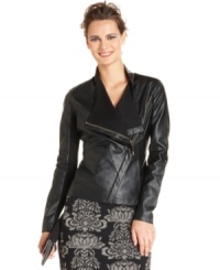 Alfani's faux leather jacket features edgy-chic details, like a moto silhouette and asymmetrical zipper closure. Alfani's faux leather jacket features edgy-chic details, like a moto silhouette and asymmetrical zipper closure.