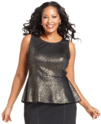 Celebrate the holiday season in style with Alfani's metallic plus size top, finished by a peplum waist. Celebrate the holiday season in style with Alfani's metallic plus size top, finished by a peplum waist.