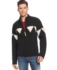 With a nod to the unfussy masculinity of the Fifties, Armani Jeans styles a zip-up sweater jacket in a hefty, geometric-patterned knit. With a nod to the unfussy masculinity of the Fifties, Armani Jeans styles a zip-up sweater jacket in a hefty, geometric-patterned knit.