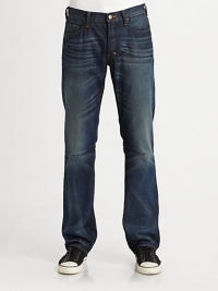 Straight-leg fit set in a dark wash with gradual whiskering throughout the leg and folded back pocket detail for a distinct finish.Five-pocket styleButton-flyInseam, about 34CottonMachine washImported of Italian fabric Straight-leg fit set in a dark wash with gradual whiskering throughout the leg and folded back pocket detail for a distinct finish.Five-pocket styleButton-flyInseam, about 34CottonMachine washImported of Italian fabric