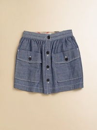 This shapely skirt of soft chambray has great big pockets to hold her essentials.Topstitched waistbandButton frontOversized patch and flap pocketsInside check trimCottonMachine washImported Please note: Number of buttons may vary depending on size ordered. This shapely skirt of soft chambray has great big pockets to hold her essentials.Topstitched waistbandButton frontOversized patch and flap pocketsInside check trimCottonMachine washImported Please note: Number of buttons may vary depending on size ordered.