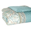 Inspired by artisan block prints, this Sky bedding collection is a burst of pattern, color and rich embroidery in 230-thread count sateen. Duvet features a floral medallion print in marine, teal, olive and rust in the center, framed by a detailed embroidered print and panels of a distressed dot pattern in blue, also on reverse. Shams feature the same floral medallion print and reverse to the distressed dot pattern, with side tie closures.