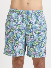 Enjoy a tropical state of mind when wearing these quick-drying trunks, finished in classic-fitting, pineapple print.Elastic waistbandSide slash, back flap pocketsInseam, about 6PolyesterMachine washImported Enjoy a tropical state of mind when wearing these quick-drying trunks, finished in classic-fitting, pineapple print.Elastic waistbandSide slash, back flap pocketsInseam, about 6PolyesterMachine washImported