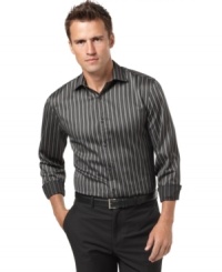Sleek stripes never look better than with this modern-fit shirt from Perry Ellis. Sleek stripes never look better than with this modern-fit shirt from Perry Ellis.