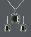 The building blocks of style in one sweet, matching set. Genevieve & Grace jewelry features rectangular onyx gemstones (8 mm x 5 mm and 6 mm x 4 mm) that stand out against a glittering marcasite frame. Crafted in sterling silver. Approximate necklace length: 18 inches. Approximate pendant drop: 15/16 inch. Approximate earring drop: 15/16 inch.