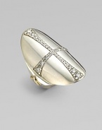 A striking heraldic-style cross on a smooth silver oval is delineated in shimmering diamonds, with accents of 14k gold on the wide, smooth band.Diamonds, .70 tcwSterling silver and 14k yellow goldLength, about 1Made in USA