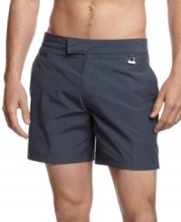 Keep it classic even in the sand. Get sunny style and comfort with these bermuda swim trunks from Calvin Klein. Keep it classic even in the sand. Get sunny style and comfort with these bermuda swim trunks from Calvin Klein.